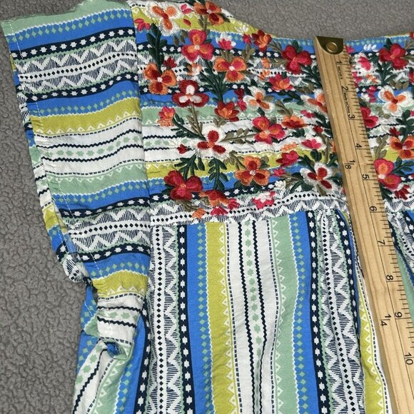Savanna Jane Top Womens Medium Blue Green Embroidered Floral Boho Blouse Striped - Picture 7 of 8